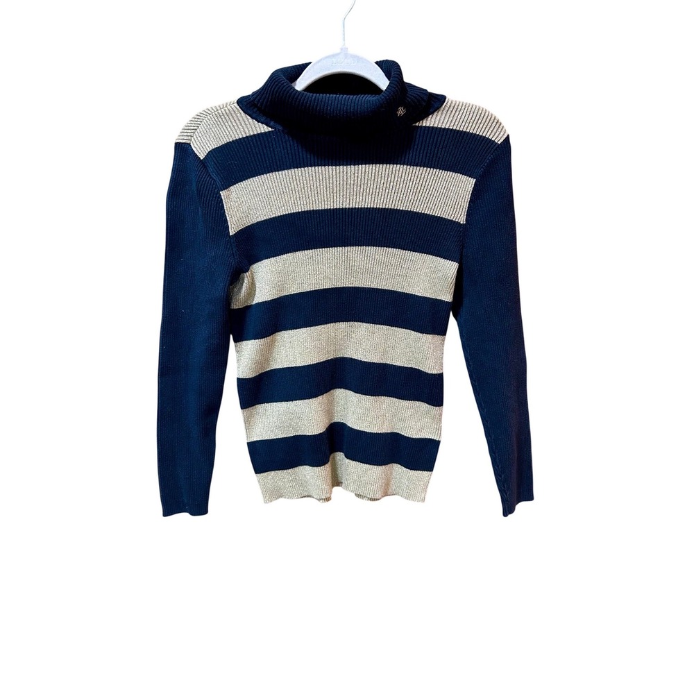 Lauren Ralph Lauren Navy Gold Metallic Striped Turtleneck Ribbed Sweater L
